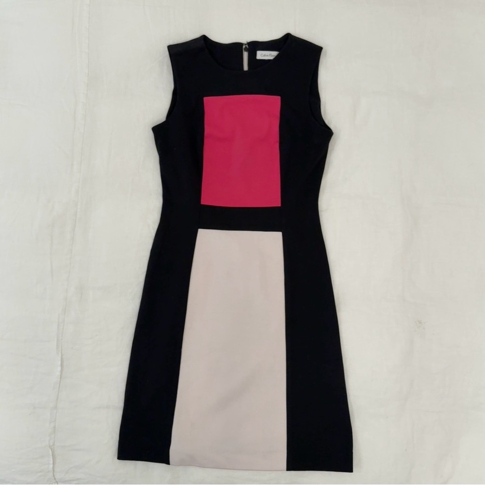 Calvin Klein Black and Pink Sheath Mini Dress Sleeveless Crew Neck